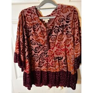 Style & Co Woman Velvet Flocked Rose Peasant Top Mauve Burgundy Tassel 2X